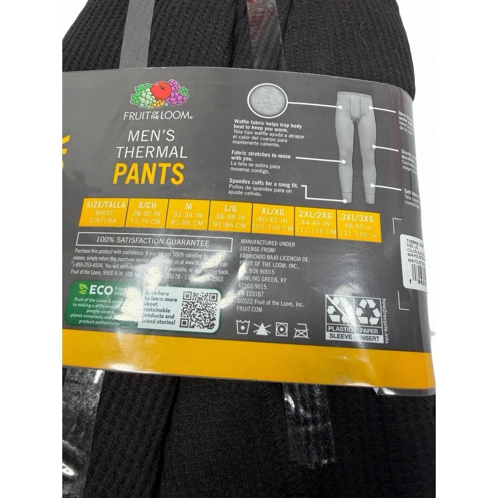 fruit of the loom mens black 2 pairs thermal pants size large 36-38 in